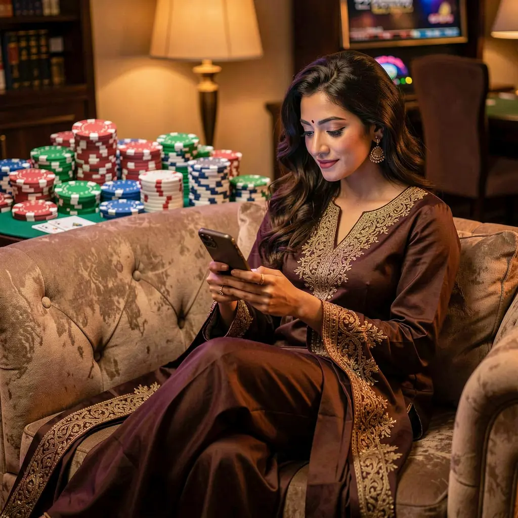 Focused Pakistani woman using the TC777 casino app on her phone with glowing chips and cards creating a secure mobile gaming mood