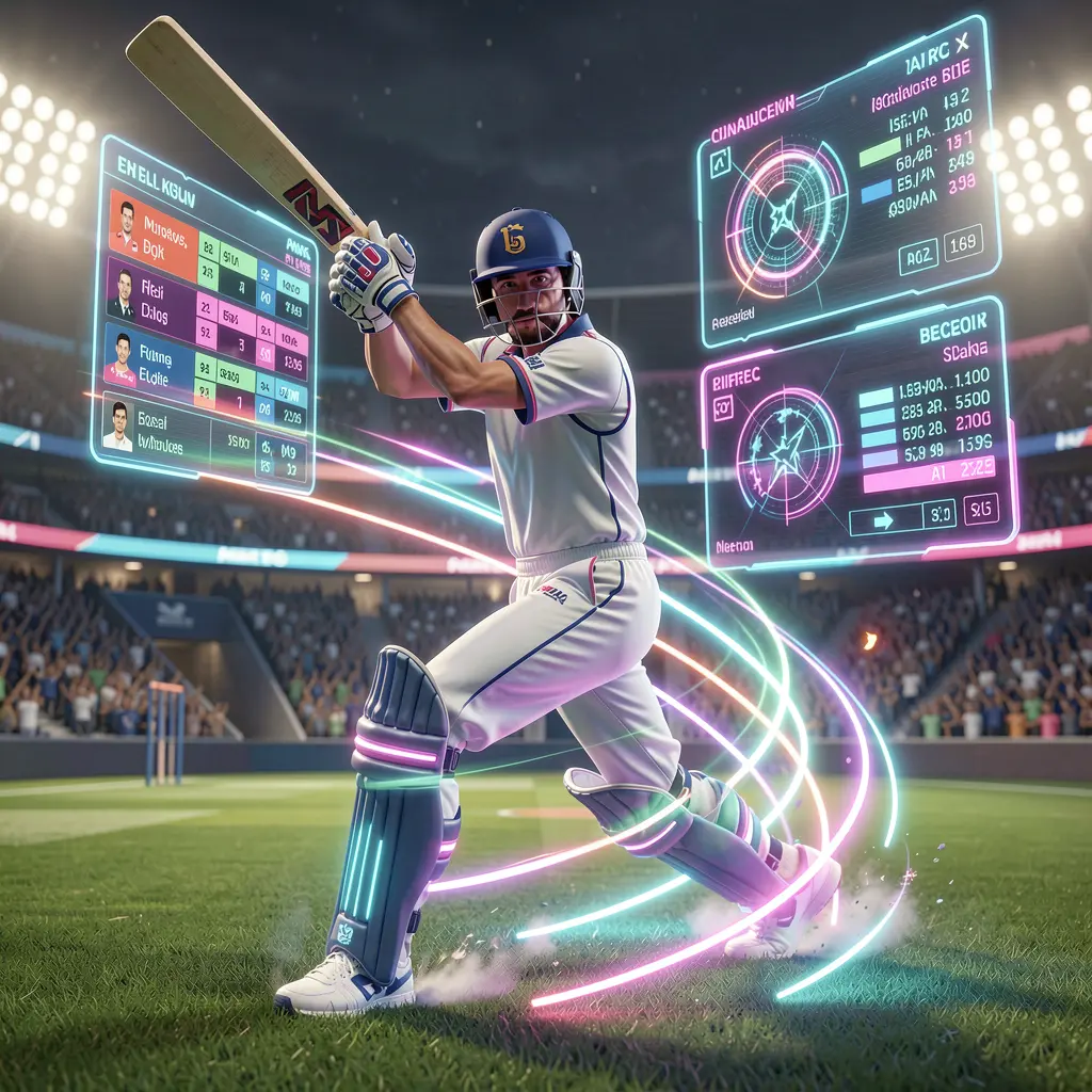 Dynamic neon cricket player with a glowing trail and holographic betting interface showcasing fast paced sports betting on TC777 in Pakistan