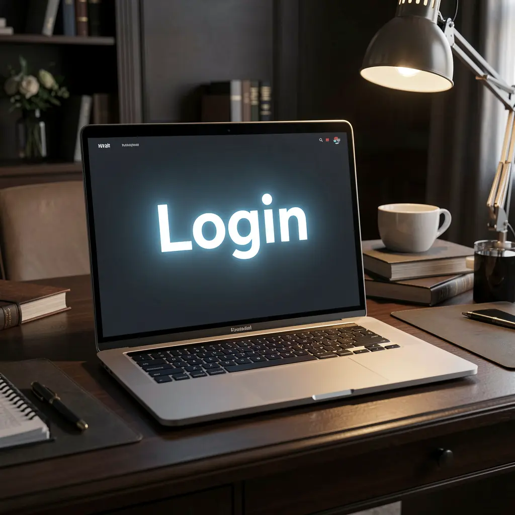 Modern laptop on a dark desk showing the TC777 login page with a bright sign in interface representing secure account access in Pakistan