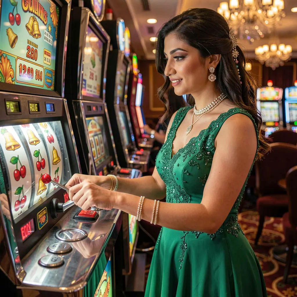 Confident Pakistani woman in an elegant dress pulling the lever of a glowing slot machine in a modern casino atmosphere at TC777 Pakistan